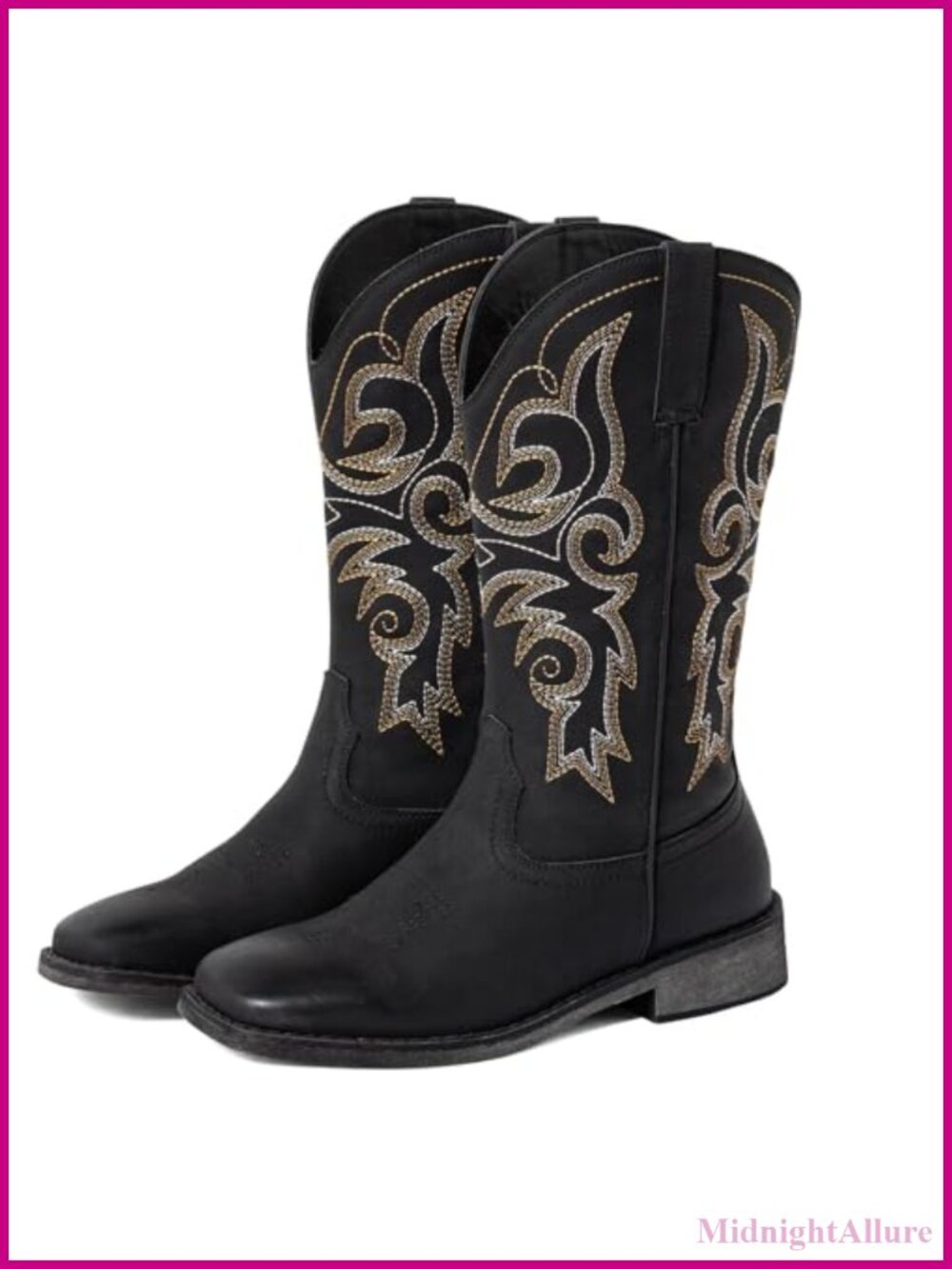 Wide Calf Western Cowboy Boots Square Toe Faux Leather Embroidered Mid Calf